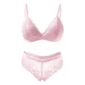 Rosa Spitze sexy Triangel-Cup-BH und Höschen-Set, dünne atmungsaktive bügellose Damenwäsche. - S / Blumiges Rosa