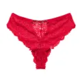 Red lace thong for women with metal heart rings sexy low waist hollow sheer design - S / Red