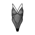 Black lace heart pattern teddy lingerie with deep V-neck and crisscross straps for women. - M / Black