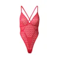 Red lace bodysuit with sexy deep V-neck, elegant cross straps, and charming heart details. - M / Rose Red