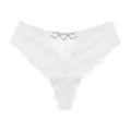 White sexy lace thong for women with cute metal heart rings, sheer and comfortable cotton crotch. - White