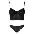 Black velvet striped lingerie set, underwired push-up bra and thong matching underwear. - S / Black