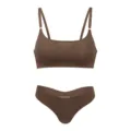Brown seamless wireless bra and thong lingerie set for women, lightweight comfortable daily wear. - S / Milk Coffee