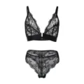 Black lace lingerie set, sexy sheer bralette and matching panties with front metal closure. - S / Black