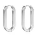 Detailed closeup view of minimalist geometric U-shaped hoop earrings, highly polished finish. - Steel Oval