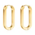 Detailed view of polished gold rectangular hoop earrings, modern geometric design stainless steel. - Gold Oval