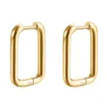 Detail view of minimalist gold stainless steel U-shaped hoop earrings, elegant and sleek design. - Gold Rectangle
