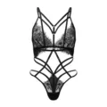 Body lingerie string noir en dentelle avec bretelles sexy, ensemble transparent. - Noir