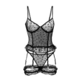 Black sheer heart pattern sexy lingerie three-piece set with corset, panties and garter belts. - XL / Black