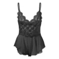 Black lace sexy lingerie set with mesh babydoll design, elegant V-neck and ruffled hem. - S / Black