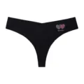 Black seamless thong underwear with heart print and letter details, comfortable low-waist fit. - Black