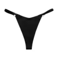 Seamless black ice silk thong for women featuring low-waist V-cut and gold heart rings. - S / Black