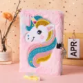 Cute plush unicorn locked notebook detail, fluffy diary with embroidery and lock. - 21.5*14.5 / Multi-color