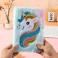 Cute plush unicorn notebook with lock, fluffy diary for students and kids gift, detail shot. - 21.5*14.5 / Violet
