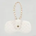 White quilted leather glasses case with gold chain strap, portable sunglasses storage bag. - White