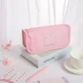 Cute pink canvas pencil case with large capacity, aesthetic dog embroidery for students. - Pink