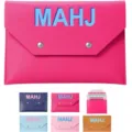 Detail view of PU leather mahjong card storage pouch with custom letters and metal snap buttons. - 21*14cm / Rose Red