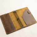 Vintage A5 leather notebook cover, travelers journal folio with elastic bands and card slots. - Tan