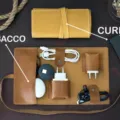 Vintage PU leather electronic accessories roll organizer bag for cables, chargers. - Tan