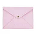 Pink PU leather envelope storage bag detail featuring sleek snap button and debossed text. - Pink