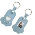 Cat paw shape PU leather keychain detail, cute pet fur storage pocket and photo holder. - Blue