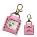 Custom pink leather photo album keychain with antique bronze clasp, personalized mini pendant. - Pink