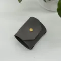 Dark grey leather wrap wallet with metal snap button, compact card holder and organizer. - Gray