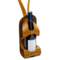 Detail shot of the brown PU leather wine bottle holder, featuring a convenient hanging handle. - Yellow