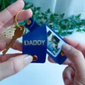 Customized PU leather photo keychain with DADDY text, ideal personalized gift keyring for dad. - Dark Blue