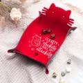 Cute cat folding leather dice tray with soft velvet interior for tabletop games. Detail view. - Red