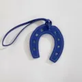 Blue leather horseshoe bag charm with white stitching, stylish PU leather pendant for handbag. - Blue