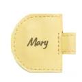 Close-up detail of the yellow PU leather magnetic bookmark and pencil holder with custom text. - Yellow