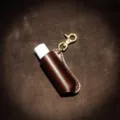 Vintage brown PU leather lip balm holder case with brass keychain portable lipstick protector - Dark Coffee