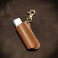 Portable PU leather lipstick sleeve holder with keychain in vintage brown style - Dark Brown
