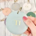 PU leather round keychain personalized custom initial letter key ring charm holder - Blue