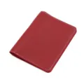 Red PU leather passport holder detail view showing neat white stitching and fine texture. - Burgundy