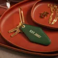 PU leather keychain hotel motel key tag with brass keyring and custom engraved text detail - Green Stitched Style (No Logo) / Green