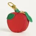 Cute red apple shaped PU leather coin purse with green leaf and gold keychain zipper. - Apple / Apple