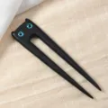 Forcina per capelli gatto in legno nero con occhi blu, accessorio chignon Hanfu. - Testa Quadra Gatto Orecchie Doppie - Ebano