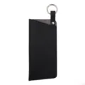 Portable black leather eyeglasses sleeve pouch with metal keyring and snap closure for sunglasses. - Lychee Pattern Leather Style / Spring Ring Version / Black