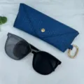 Portable woven glasses case with black sunglasses set, travel fashion sun glasses storage bag. - Straw Weave Style / Blue