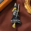 Retro black rhinestone witch riding broom brooch, vintage Halloween party gift jacket lapel pin. - Witch Riding Broom