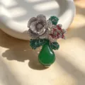Elegant peony vase brooch with full rhinestones, vintage flower corsage pin for coat. - Vase Series (Peony Green)