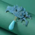 Elegant Chinese style imitation blue enamel flower brooch with turquoise teardrop pendant pin. - Imitation Cloisonne Blue