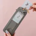 Cute grey PU leather photo keychain and photocard holder with a sweet bow for lovely pets - Gray