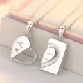 Silver couple interlocking heart puzzle pendant necklace set with sparkling crystal stones. - Copper-Men and Women Set with Chains