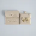 Beige velvet jewelry pouch with snap button and matching earring card for storage. - Beige (Cloth Button Bag + Card Holder Set) / 8*8cm+6*6cm