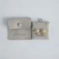 Grey velvet jewelry pouch with snap button and matching display card featuring pearl earrings. - Gray (Cloth Button Bag + Card Holder Set) / 8*8cm+6*6cm