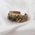 Bague Araignée Sauteuse Bronze Vintage Mignon Anneau Ouvert Ajustable Perles Noires - Style Or Antique (ZK0105)