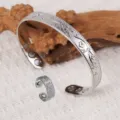 Vintage Floral Magnetic Bracelet and Ring Set Adjustable Open Cuff Fashion Jewelry Gift - Bracelet and Ring (ZK063) / Silver